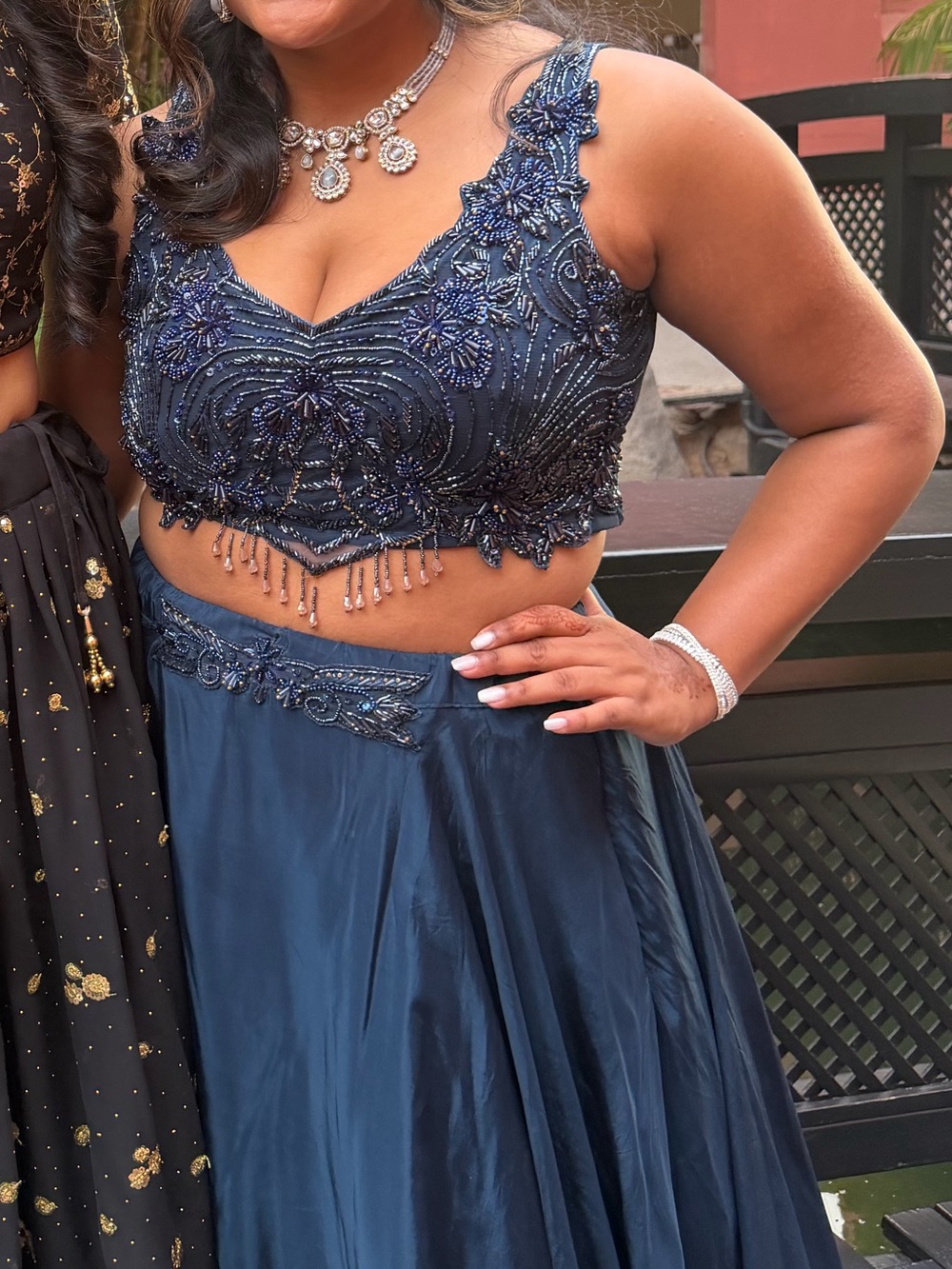 Navy Beaded Two-Piece Lengha